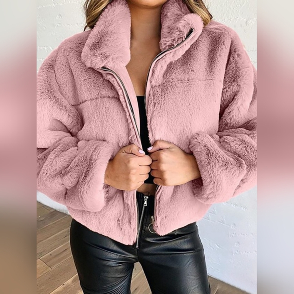 Women's Pink Faux Fur Cropped Teddy Jacket | Cozy Transitional Plush Jacket